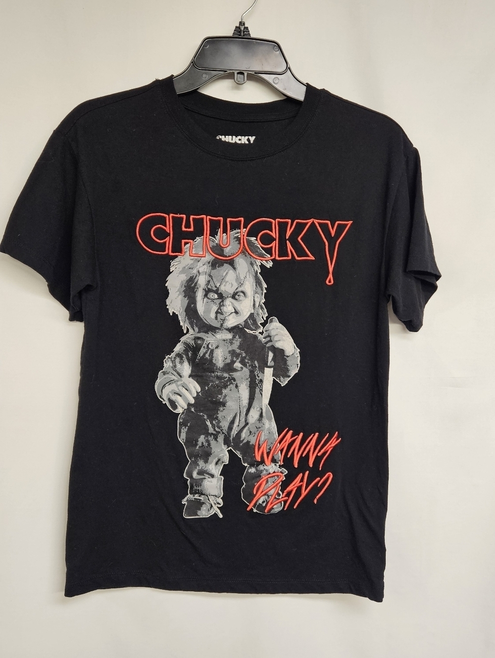 Childs Play Chucky black T-shirt WANNA PLAY Horror film movie Sz Small